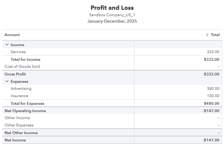 Screenshot of Quickbooks report