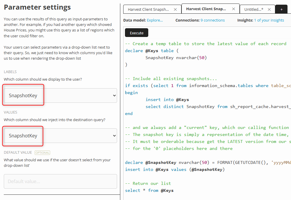 Snapshot parameter settings